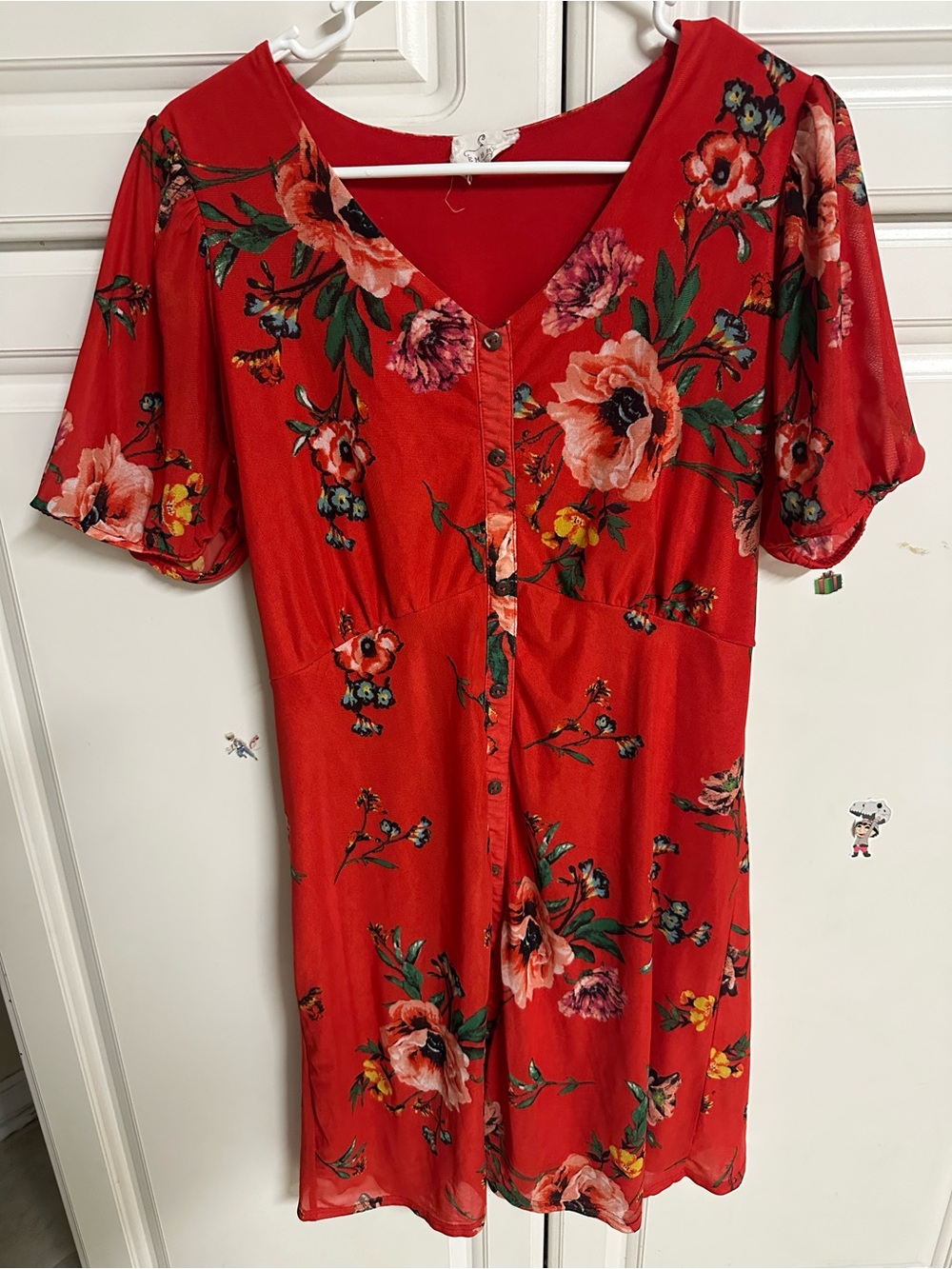 Red Floral V-Neck Short Sleeve Dress